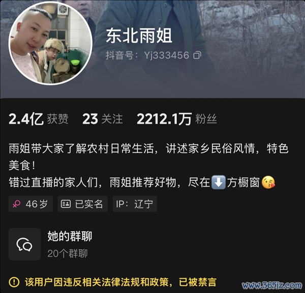 红薯粉条售假被罚金165万后 网红东北雨姐账号被禁言 